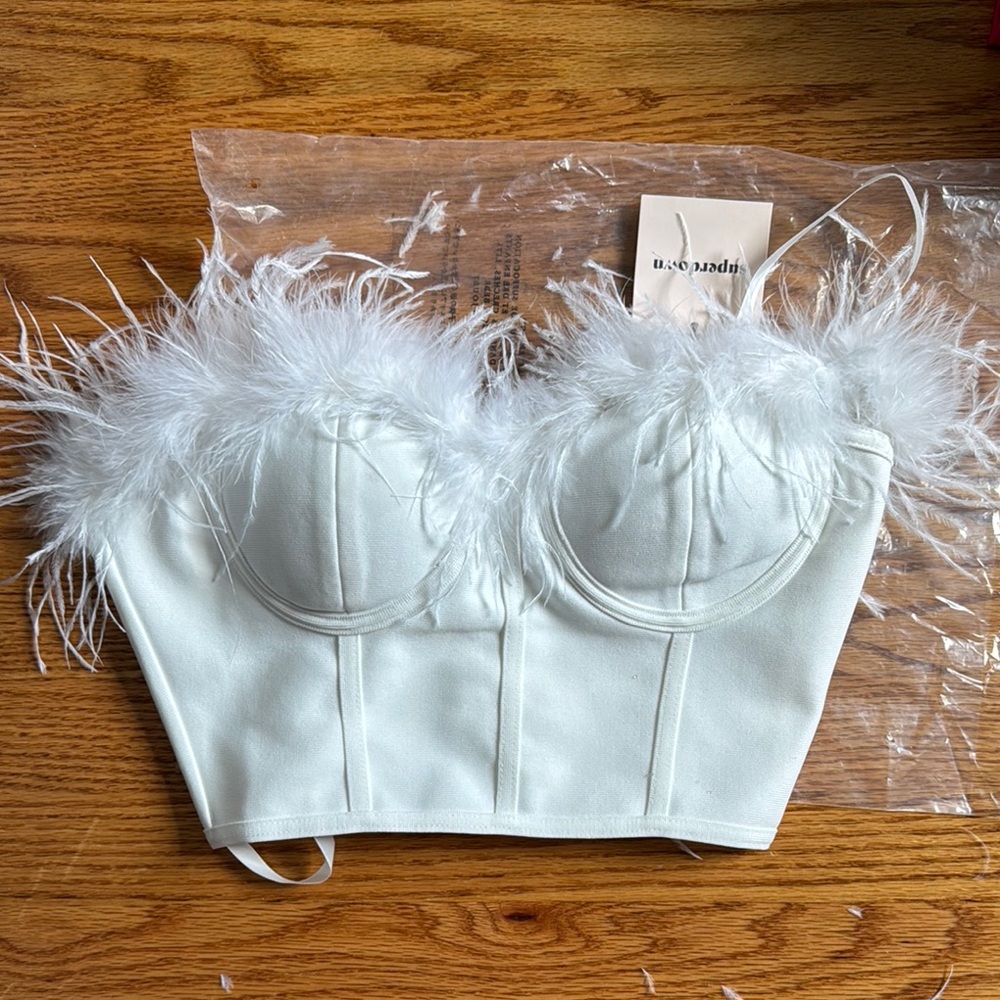 superdown White Feather Trim Bustier Crop Top